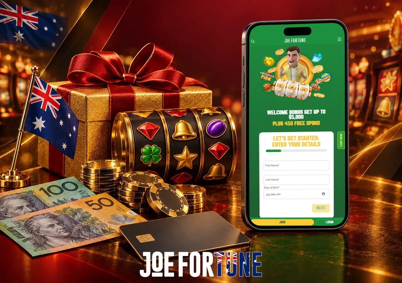 Joe Fortune mobile welcome offer with gift box, chips and Australian dollars