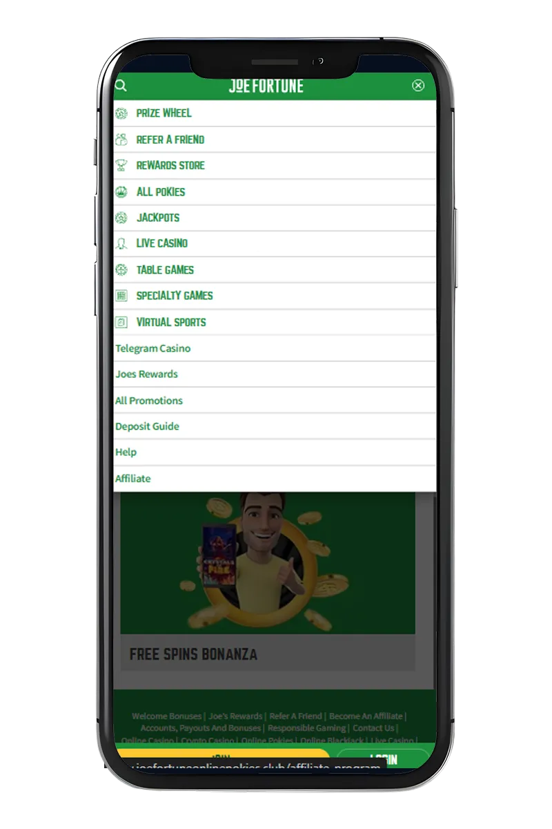 Mobile phone screenshot showing the casino's main menu.